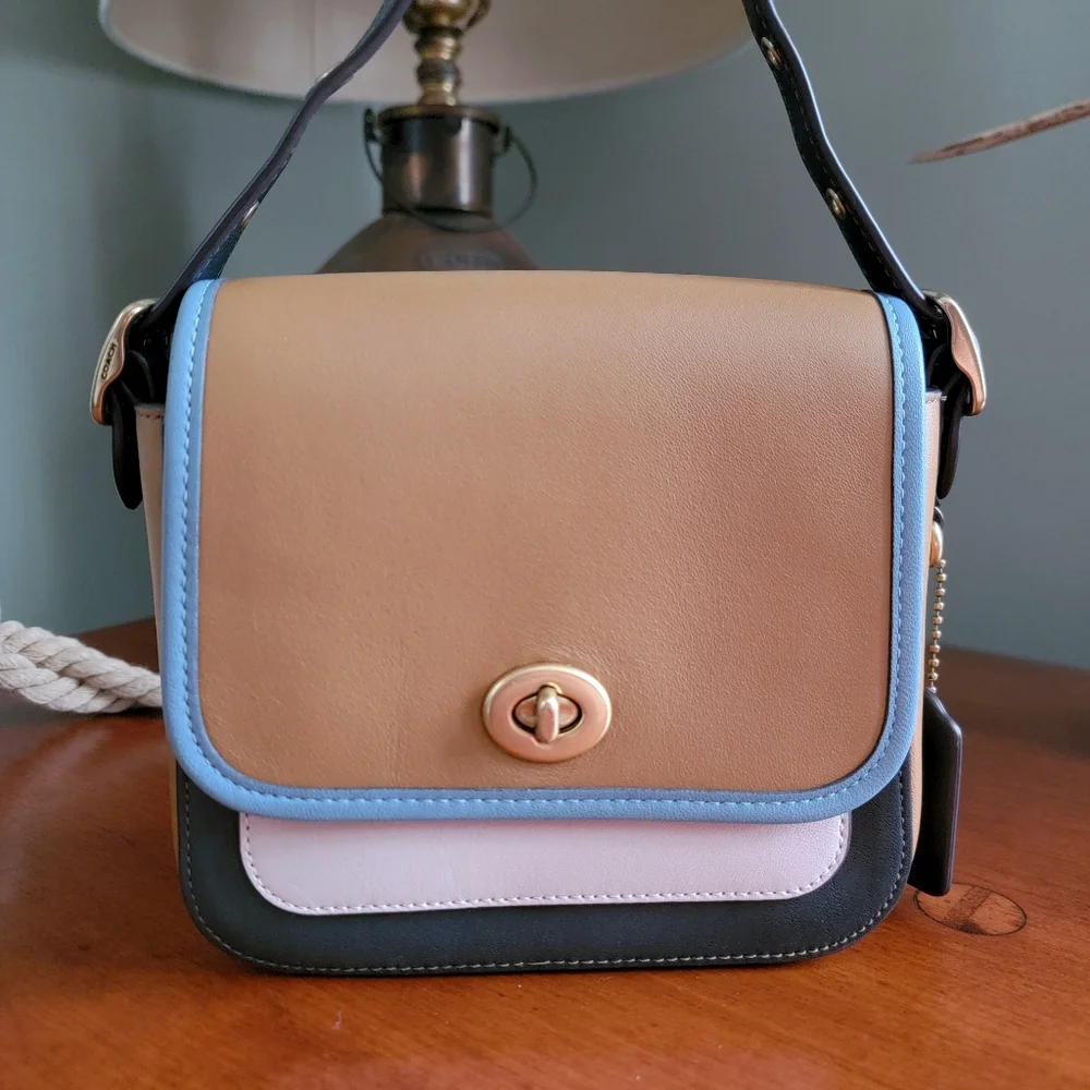 Coach 89126 Rambler 16 Colorblock Tan Blue Pink Leather Crossbody Bag